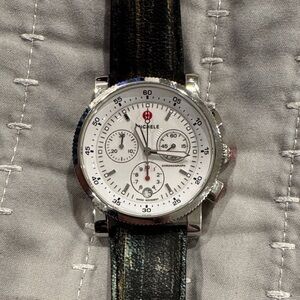 Michele Silver Case Watch with Black Strap